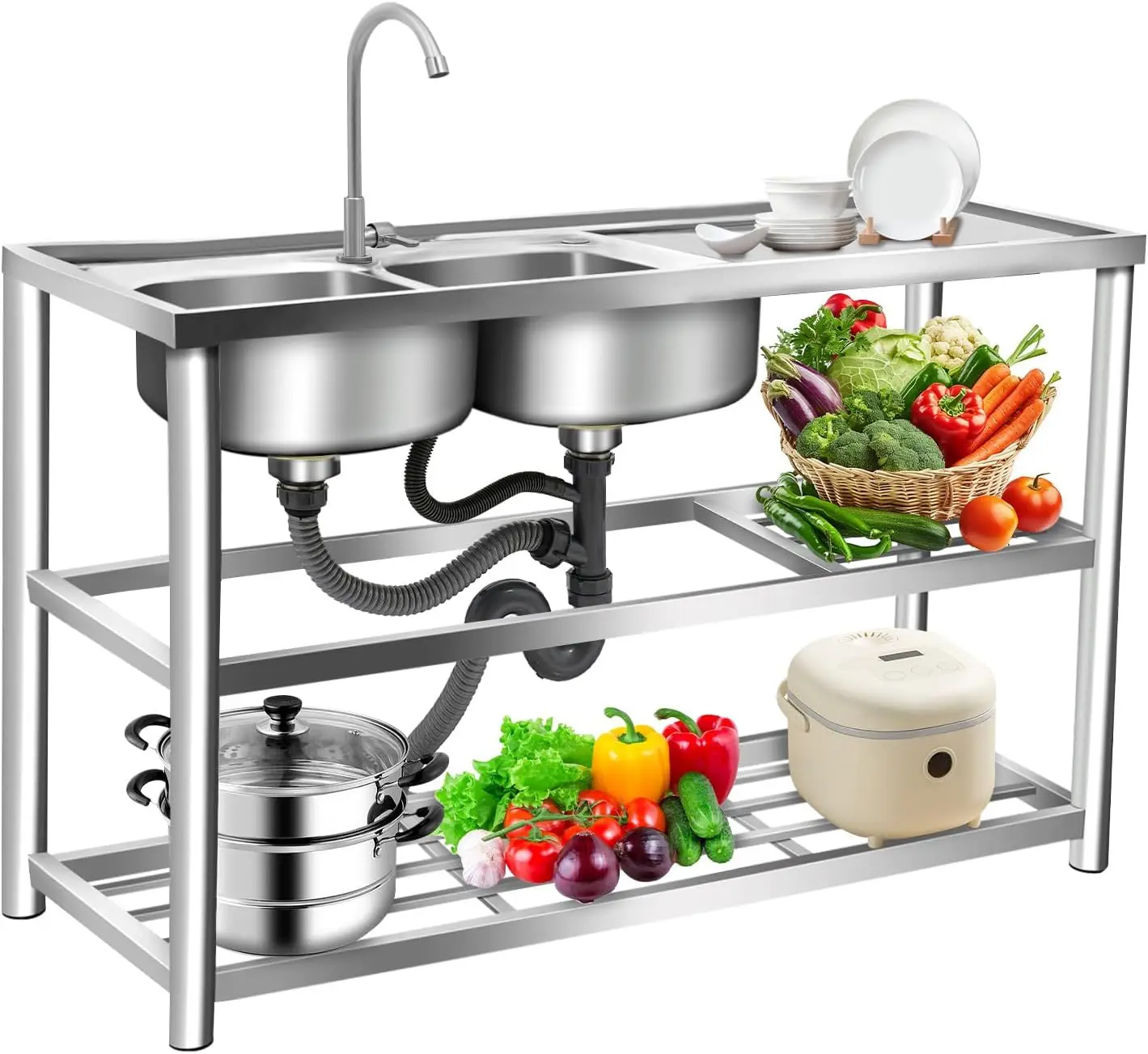 3 Tiers Freestanding Stainless - Commercial Kitchen Sink 评论和价格